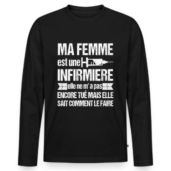 Ma femme est infirmière humour marié infirmiere - T-shirt manches longues Premium bio Homme - noir - Devant - Nico (187cm)