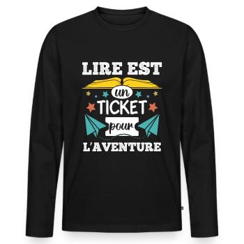 Lire est un ticket pour l' aventure cadeau livre - T-shirt manches longues Premium bio Homme - noir - Devant - Nico (187cm)