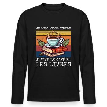 J' aime le café et les livres humour lecture livre - T-shirt manches longues Premium bio Homme - noir - Devant - Nico (187cm)