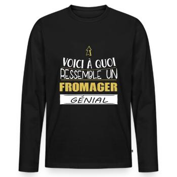 Fromage - Fromager - Fromagerie - Cadeau - Drôle - T-shirt manches longues Premium bio Homme - noir - Devant - Nico (187cm)