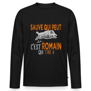 Romain c est romain qui tire Humour Chasseur - T-shirt manches longues Premium bio Homme - noir - Devant - Nico (187cm)