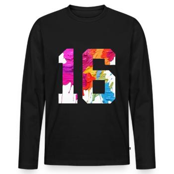FARBIG NUMMER 16 BUNT 16. GEBURTSTAG - Männer Premium Bio Langarmshirt - Schwarz - Vorne - Nico (187cm)