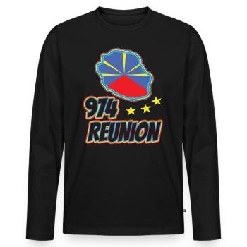 Geschenkidee Flaggenkarte La Réunion 974 - Männer Premium Bio Langarmshirt - Schwarz - Vorne - Nico (187cm)