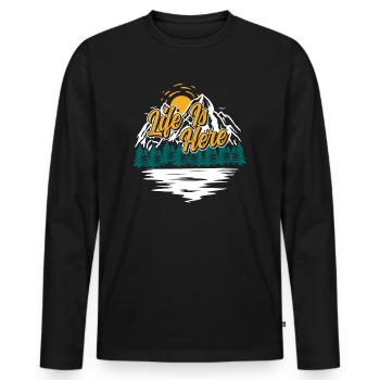 Das Leben ist hier Naturliebhaber Wandern Camping - Männer Premium Bio Langarmshirt - Schwarz - Vorne - Nico (187cm)