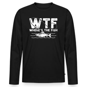 WTF Wo ist der Fisch Lustiger Angelhumor - Männer Premium Bio Langarmshirt - Schwarz - Vorne - Nico (187cm)
