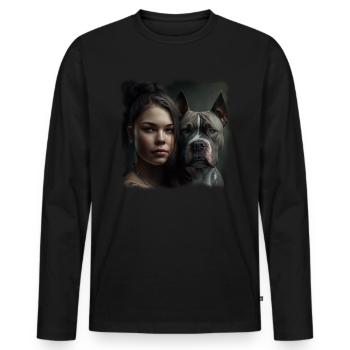 Jeune femme avec chien (American Bulldog) - T-shirt manches longues Premium bio Homme - noir - Devant - Nico (187cm)