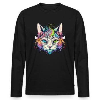 Regenbogen Katze Portrait - Männer Premium Bio Langarmshirt - Schwarz - Vorne - Nico (187cm)