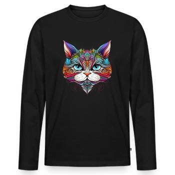 Regenbogen Katze Portrait - Männer Premium Bio Langarmshirt - Schwarz - Vorne - Nico (187cm)