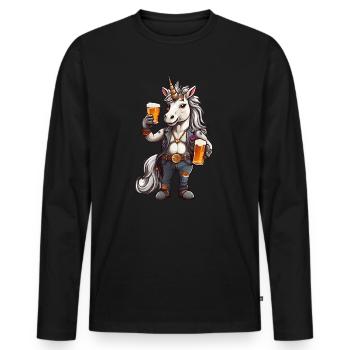 Licorne avec de la bière à la main - T-shirt manches longues Premium bio Homme - noir - Devant - Nico (187cm)