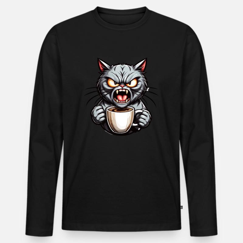 Graue Katze mit Kaffee - Männer Premium Bio Langarmshirt - Schwarz