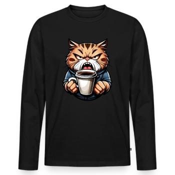 Chat en colère avec du café - T-shirt manches longues Premium bio Homme - noir - Devant - Nico (187cm)