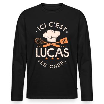 Lucas Chef Ici c est lucas le chef cuisinier - T-shirt manches longues Premium bio Homme - noir - Devant - Nico (187cm)
