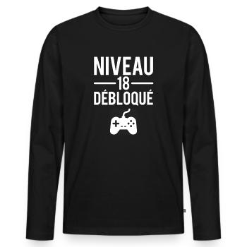 Niveau débloqué anniversaire 18 ans gamer - T-shirt manches longues Premium bio Homme - noir - Devant - Nico (187cm)
