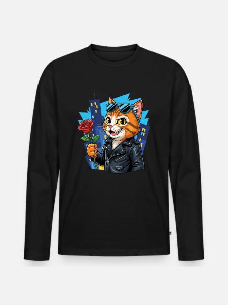 Sej kat med rose – Charm Offensive! - Premium økologisk langærmet T-shirt til mænd - sort