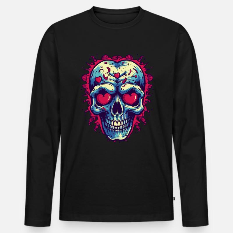 Schädel verliebt mit Herzen - Männer Premium Bio Langarmshirt - Schwarz