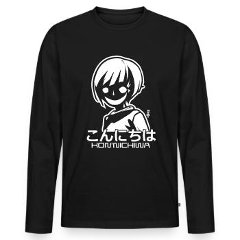 Gruseliges Anime Mädchen sagt Konnichiwa und Hallo - Männer Premium Bio Langarmshirt - Schwarz - Vorne - Nico (187cm)