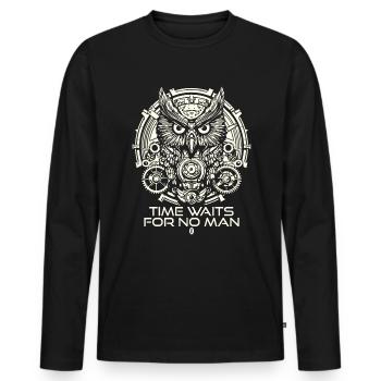 Eulen Uhr: Uhrwerk, Zeit wartet auf niemanden - Männer Premium Bio Langarmshirt - Schwarz - Vorne - Nico (187cm)
