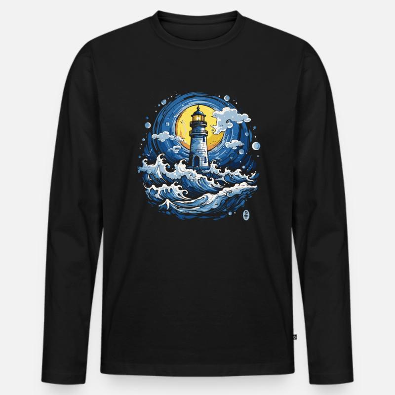 Tsunami Wellen Leuchtturm - Männer Premium Bio Langarmshirt - Schwarz