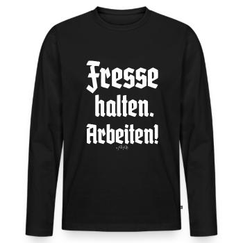 Handwerker-Spruch: Fresse halten und Arbeiten - Männer Premium Bio Langarmshirt - Schwarz - Vorne - Nico (187cm)
