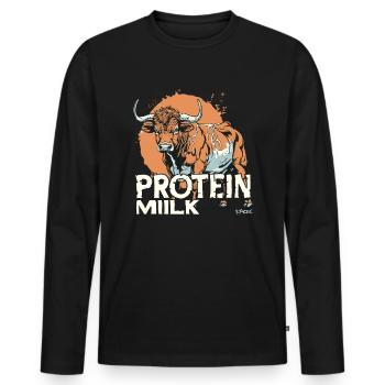Vache de dessin animé avec le texte : Lait protéiné - T-shirt manches longues Premium bio Homme - noir - Devant - Nico (187cm)