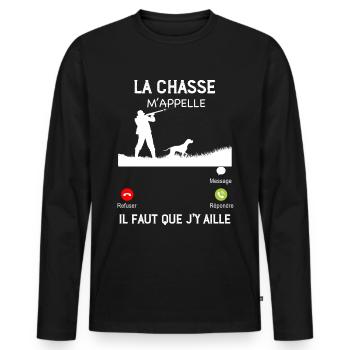La chasse m'appelle citation téléphone chasseur - T-shirt manches longues Premium bio Homme - noir - Devant - Nico (187cm)