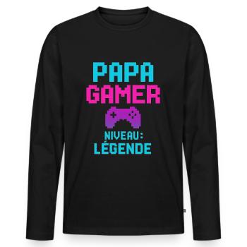 Papa GAMER Niveau : Légende cadeau fête des pères - T-shirt manches longues Premium bio Homme - noir - Devant - Nico (187cm)