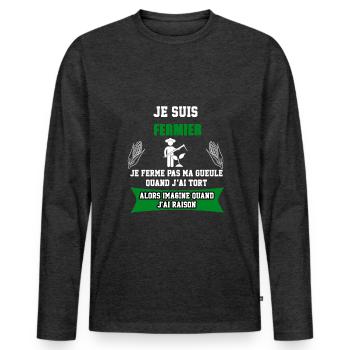 fermier je ferme pas ma gueule - T-shirt manches longues Premium bio Homme - anthracite chiné - Devant - Nico (187cm)