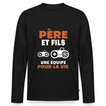 father son gamer duo man dad gaming - Men's Premium Organic Long Sleeve Shirt - black - Front - Nico (187cm)