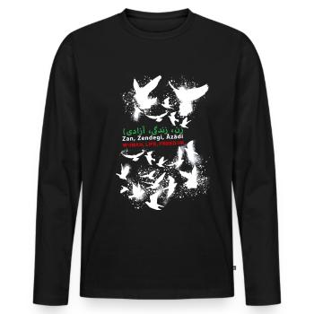 Femme Vie Liberté, Pigeons,Iran,Drapeau - T-shirt manches longues Premium bio Homme - noir - Devant - Nico (187cm)