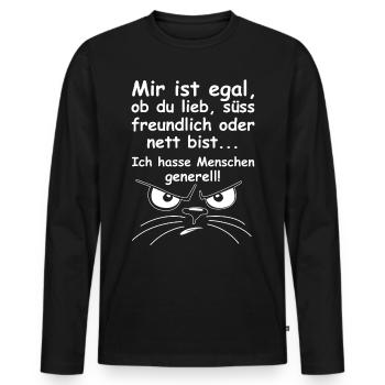 Ich hasse Menschen generell | Katze, Sprüche - Männer Premium Bio Langarmshirt - Schwarz - Vorne - Nico (187cm)