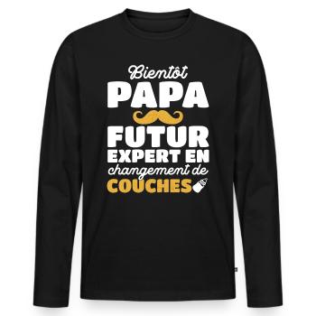 Papa Expert Changement De Couches Futur Papa 2024 - T-shirt manches longues Premium bio Homme - noir - Devant - Nico (187cm)