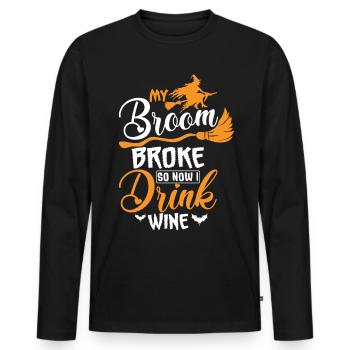 Halloween - Kein Besen, aber dafür Wein - Männer Premium Bio Langarmshirt - Schwarz - Vorne - Nico (187cm)