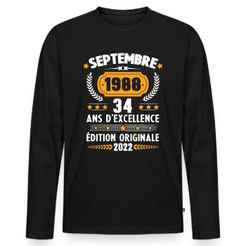 Cadeau D'anniversaire Rétro 34 Ans Septembre 1988 - T-shirt manches longues Premium bio Homme - noir - Devant - Nico (187cm)