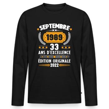 Cadeau D'anniversaire Rétro 33 Ans Septembre 1989 - T-shirt manches longues Premium bio Homme - noir - Devant - Nico (187cm)