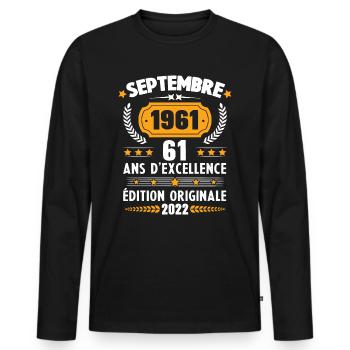 Cadeau D'anniversaire Rétro 61 Ans Septembre 1961 - T-shirt manches longues Premium bio Homme - noir - Devant - Nico (187cm)