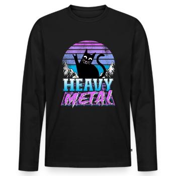Heavy Metal Retro Sunset Cat Synthwave Death - Men's Premium Organic Long Sleeve Shirt - black - Front - Nico (187cm)