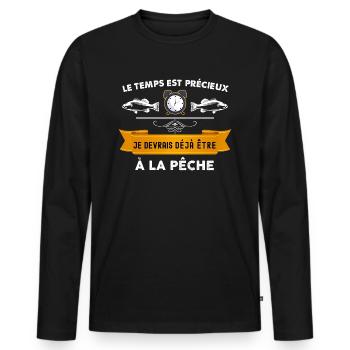 Pêcheur, pêche temps precieux humour papy pêcheur - T-shirt manches longues Premium bio Homme - noir - Devant - Nico (187cm)