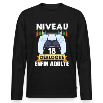 Gamer niveau 18 débloqué enfin adulte - T-shirt manches longues Premium bio Homme - noir - Devant - Nico (187cm)