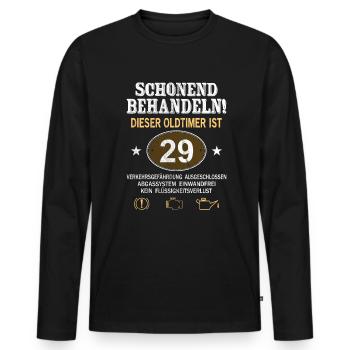 Schonend Behandeln Oldtimer Ist 29 Jahre 29. - Männer Premium Bio Langarmshirt - Schwarz - Vorne - Nico (187cm)