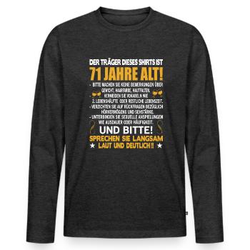 Der Träger dieses Shirts ist 71 Jahre alt 71. - Männer Premium Bio Langarmshirt - Anthrazit meliert - Vorne - Nico (187cm)