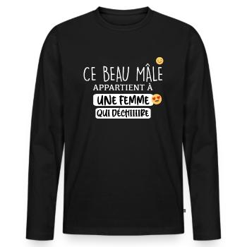 Citation amour Saint Valentin. Beau mâle - T-shirt manches longues Premium bio Homme - noir - Devant - Nico (187cm)