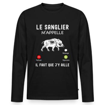 Sanglier appel téléphonique chasseur - T-shirt manches longues Premium bio Homme - noir - Devant - Nico (187cm)