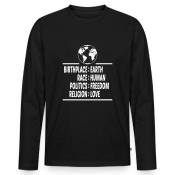 Lieu de naissance Terre Race Liberté humaine Religion Amour - T-shirt manches longues Premium bio Homme - noir - Devant - Nico (187cm)