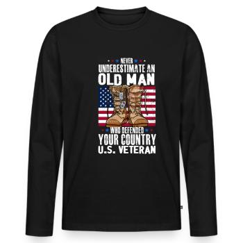 Never Underestimate An Old Man Veteran USA Flag - Men's Premium Organic Long Sleeve Shirt - black - Front - Nico (187cm)