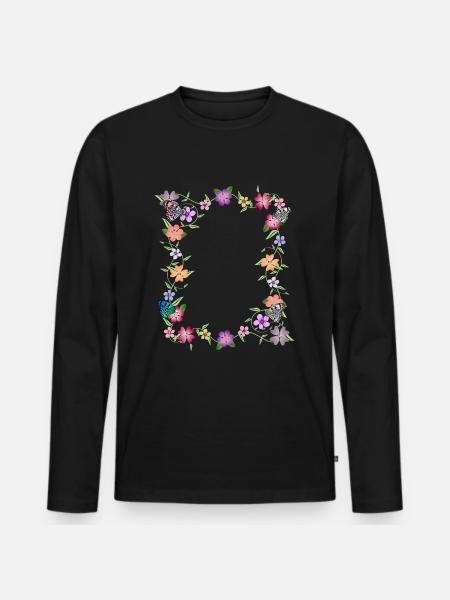 Blumenranke mit Schmetterlingen, Blumen, Insekten - Männer Premium Bio Langarmshirt - Schwarz