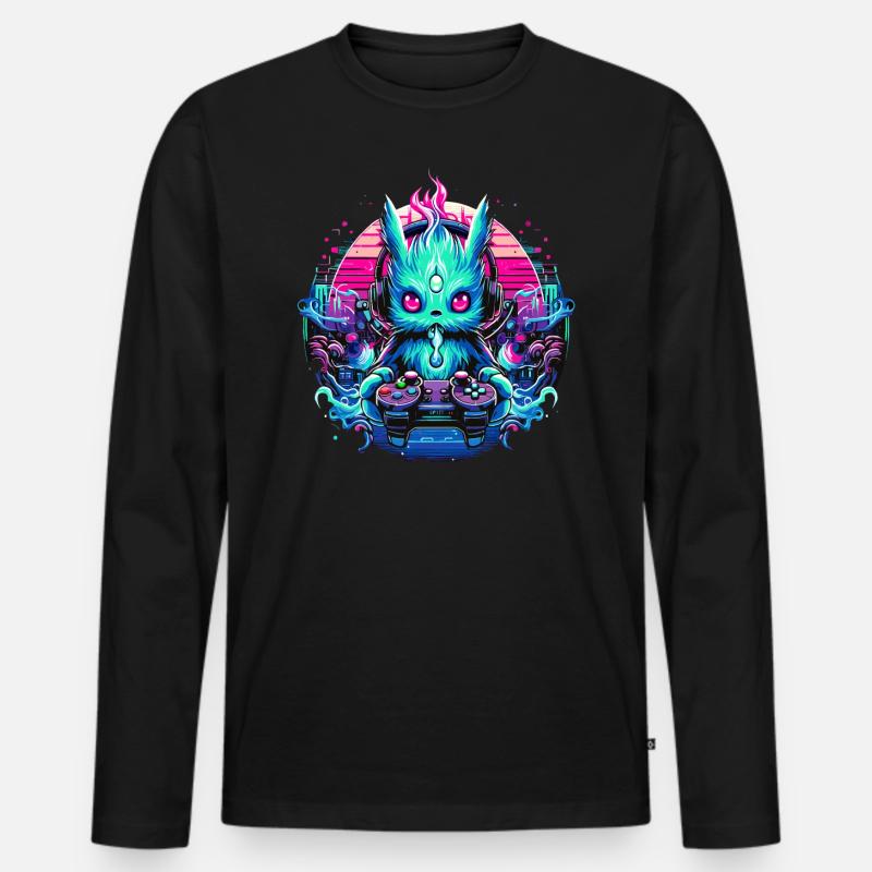Synthwave Zocker Gaming Alien - Männer Premium Bio Langarmshirt - Schwarz