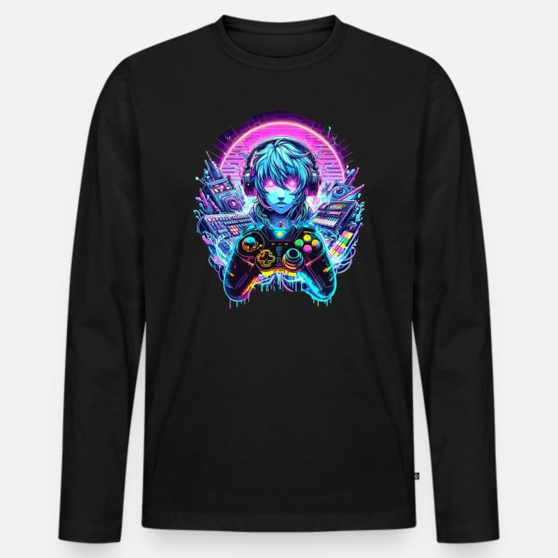 Gamer Headset Anime Synthwave Art - Männer Premium Bio Langarmshirt - Schwarz