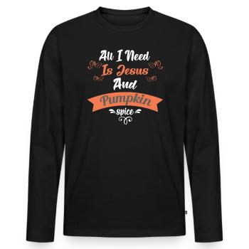 Alles Was Ich Brauche Ist Jesus Und Kürbisgewürz - Männer Premium Bio Langarmshirt - Schwarz - Vorne - Nico (187cm)