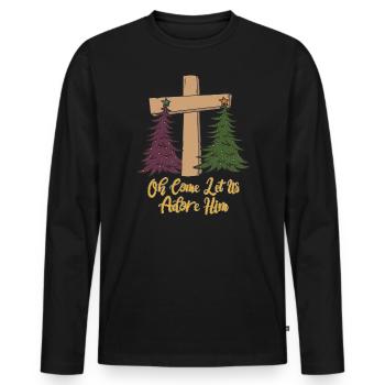 Oh Komm Lass Uns Ihn Anbeten Geschenk Kreuz - Männer Premium Bio Langarmshirt - Schwarz - Vorne - Nico (187cm)