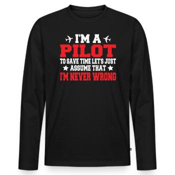 Je suis pilote pour gagner du temps - T-shirt manches longues Premium bio Homme - noir - Devant - Nico (187cm)